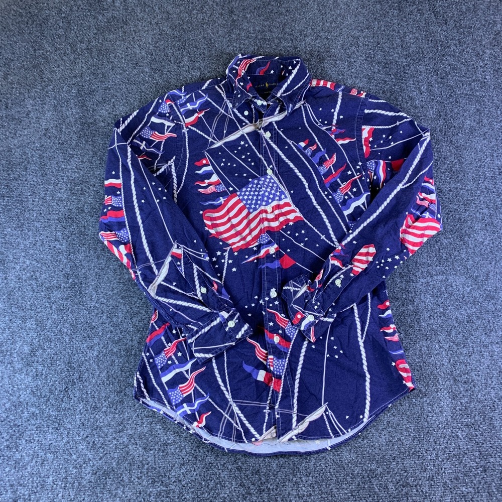 Ralph Lauren Shirt Mens Small Navy American Flag Print Slim Fit Button Down